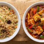 Indo-Chinese Feast: indian cottage cheese in Hot Garlic Sauce & Burnt Chili Garlic Fried Rice